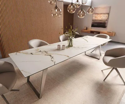 Produktbild von DELIFE Esstisch Edge 300x100 Keramik Calacatta Luxe Weiß-Gold-Grau Edelstahl Schräg