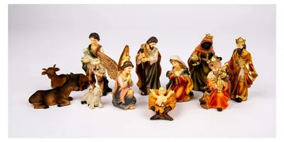 Produktbild von 11-teiliges Krippenfiguren Set, ca. 11 cm, klassische Figuren: Jesuskind, Maria, Josef, Heilige Drei Könige, Hirten, Tiere