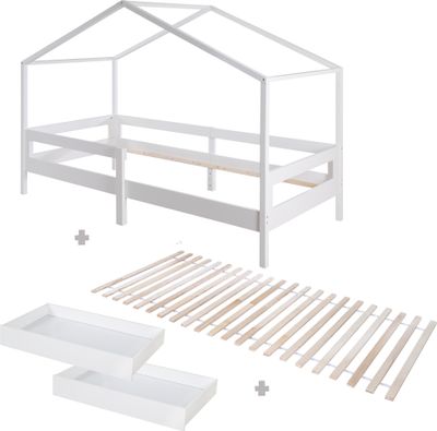 roba Hausbett 90 x 200 cm - Kinderbett nach Montessori Prinzip - Inklusive Lattenrost, Schubladen, integriertem Rausfallschutz - Holz weiß lackiert