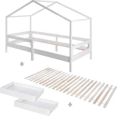 Immagine prodotto di Letto a casetta Roba 90 x 200 cm - Lettino per bambini secondo il principio Montessori - Inclusi rete a doghe, cassetti, protezione anticaduta integrata - Legno laccato bianco