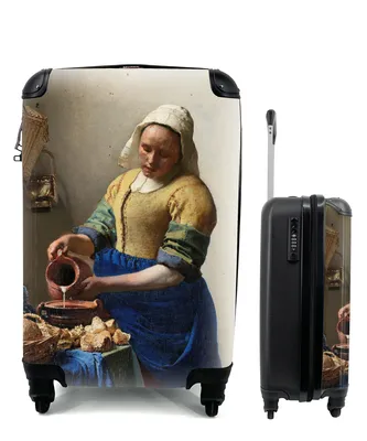 Produktbild von MuchoWow® Koffer Handgepäck Trolley Rollkoffer Kleine Reisekoffer mit 4 Rollen - Das Milchmädchen - Gemälde von Johannes Vermeer - Cabin Size < 55x40x23 cm & 55x40x20 cm - Fotokoffer - Kabinenkoffer - Boardgepäck - Reise-Box - Reisekoffer - Reisegepäck - Koffer mit Bild - Trolley für Kinder
