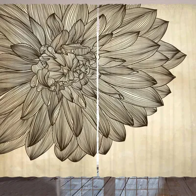 Image de ARANDE Rideau Dahlia, motif brodé représentant une grande fleur sur fond grungy, fleur vintage, 280 x 260 cm, marron et beige