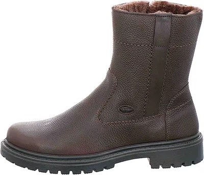 A single brown leather boot with fur lining is shown against a white background.