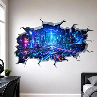 Image de Autocollant mural Decords – Ville cyberpunk avec effet néon et effet de mur en 3D percé, 140 cm