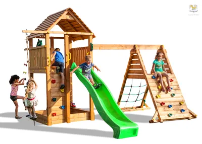 Produktbild von Fungoo Spielturm "Fortress Spider+" teak mit Rutsche, Holzdach, Griffe, Leiter, Kletterturm und Schaukel