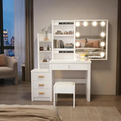 Produktbild von Schminktisch mit Hocker und 10 LED Beleuchtung, 4 Schubladen, Weiß, 80x36x135cm
