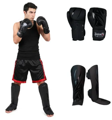 Produktbild von Dragon do Boxen Kickboxen Set Boxhandschuhe 8-16 oz Schienbeinschoner Profi Ausrüstung für Muay Thai MMA Boxsack-Training Sparring Kampfsport (Mamba 2er-Set: Handschuhe-Schienbeinschoner, 14 Oz)