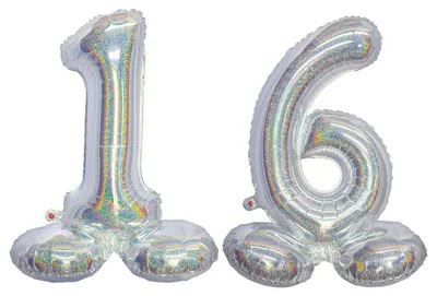 Produktbild von Stehender XL Folienballon Zahl 16 silber holografisch 72 cm 16. Geburtstag