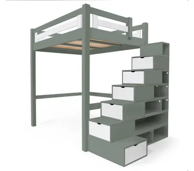 Productafbeelding van Hoge bed in hout, 140x200 cm, model Alpage, met trap en plank - Grijs/Wit