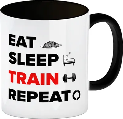 Produktbild von Eat Sleep Train Repeat Fitness Kaffeebecher Schwarz
