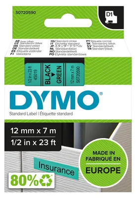 Zdjęcie produktu dla Taśma etykiet DYMO Original D1 | czarny nadruk na zielonym tle | 12 mm x 7 m | samoprzylepna