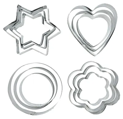 Produktbild von Keksausstecher Keksform Ausstecher - Set mit 12 Stück - Edelstahl - Herz, Stern, Blume, Rund - 3 Größen pro Form