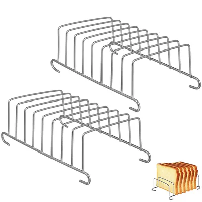 Two stainless steel toast racks are shown against a white background, with a small inset image of toast in a rack.