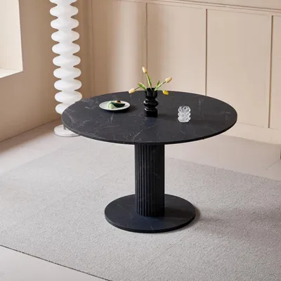 Obrázek produktu pro Kulatý jídelní stůl s povrchem imitujícím mramor, s válcovými nohami, rozměry 115 x 115 x 75 cm, barva černá