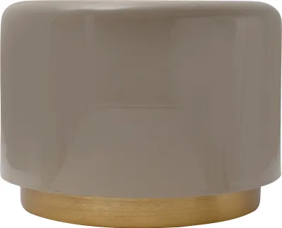 A close-up studio shot of a cylindrical side table with a gray top and a gold base.