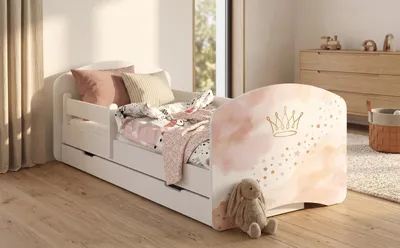 Obrázok produktu pre Detská postieľka 140 x 70 cm, biela | Motív medvedík a zajačik s dúhou | Kompletná sada vrátane matraca a zásuvky