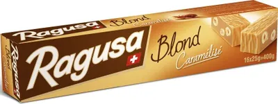 Produktbild von Ragusa Blond Caramelise weißer Schokoriegel mit Pralinen- und Haselnussfüllung 16x25g