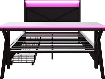 Produktbild von Merax Kinderbett 140x200 cm, Gaming-Plattformbett, Metallbett mit LED-Kopfteil, LED-Schreibtisch und 2 Schubladen, Jugendbett, Schwarz