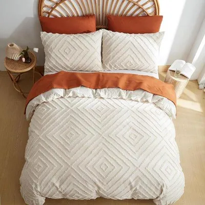 Productafbeelding van Famanu beddengoed, beige, 135 x 200 cm, 2-delig, boho-design met ruitpatroon
