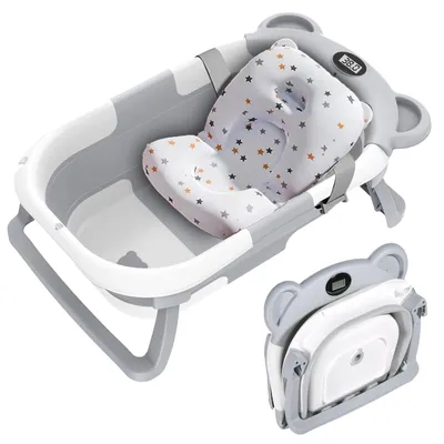 Image de Baignoire pour bébé, design pliable, thermomètre intégré, gris