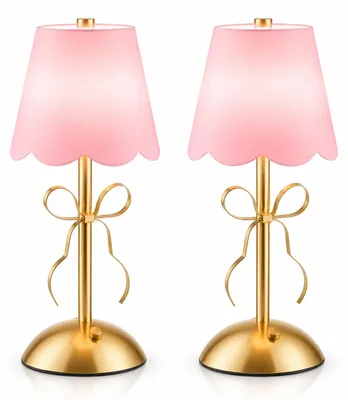 Produktbild von Ciskotu Rosa Schleifen-Tischlampe 2er-Set, Akku, Type-C, 3000–6000K, 20 LEDs, Metall und Stoff als dekorative Tischleuchte