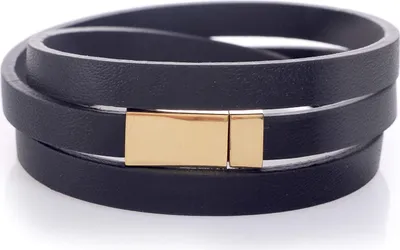 Produktbild von Karisma Leder Uni Armband schwarz - dreifach gewickelt Breite 8mm - mit Edelstahl Magnetverschluss Gold beschichtet -21cm