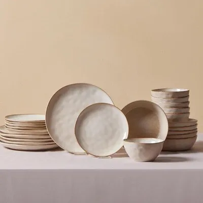 Productafbeelding van Servies set - Dinerset 6 personen - Tafel dekken - Uniek reactive glazuur - 24 stuks - Beige
