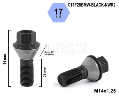 Obrázek produktu pro Kolový šroub M14x1,25x28 kužel pohyblivý, klíč 17, C17F28BMW-BLACK-NWR2, výška 54 mm