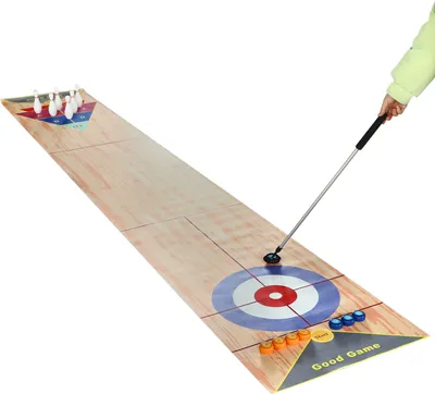 A shuffleboard game set laid out on a white background, with a hand holding a stick to push a puck.