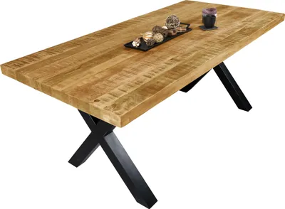 Produktbild von Esstisch Mango Rough massiv naturfarben gerade Kanten X-Gestell schwarz 180 x 90 cm LIBRO