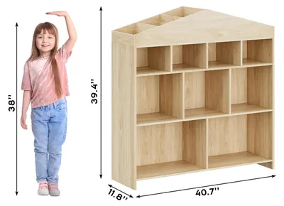 Immagine prodotto di Libreria a forma di casetta per bambini - Libreria/scaffale per giocattoli in legno - 24 scomparti - Stabile con sistema antiscivolo - Ideale per camerette o stanze giochi - Aspetto legno naturale