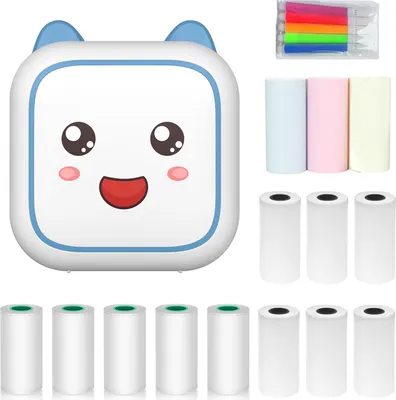 Zdjęcie produktu dla Mini drukarka termiczna, wielofunkcyjna mini drukarka, przenośna, drukarka do natychmiastowego wydruku zdjęć,  Bluetooth do smartfonów, z 9 rolkami papieru 57 mm + 5 rolkami papieru samoprzylepnego + 5 kolorowych markerów, kompatybilna z systemami iOS i Android, kolor zielony