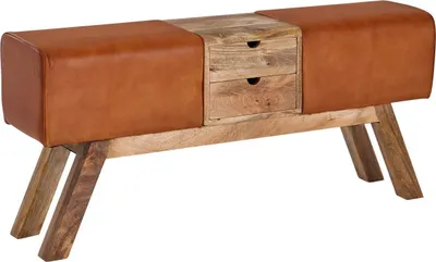 Produktbild von Design Turnbock Sitzbank Braun mit Schubladen 120x56x30 cm, Turnhocker Bank aus Echtleder mit Stauraum, Hocker Garderobenbank Sitzhocker Springbock Turnbank