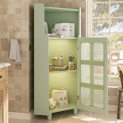 Produktbild von okwish Badezimmerschrank Eckschrank mit LED-Beleuchtung,Beistellschrank Hochschrank mit 2 verstellbaren Sicherungsvorrichtungen,Highboard mit offenem Regalfach,Grün
