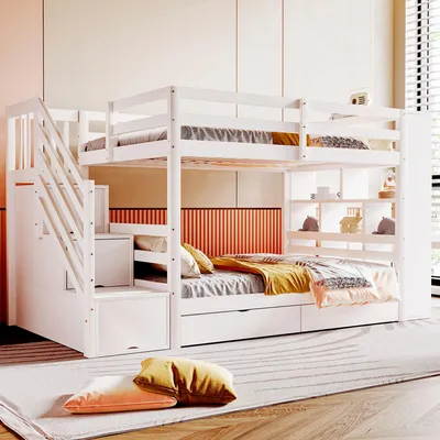 Immagine prodotto di Letto a castello Sweiko 90x200 cm, scala di sicurezza con vani portaoggetti, cassetti portaoggetti e ampi armadietti, struttura a recinzione alta, rete a doghe, letto in pino, letto per bambini, letto per ragazzi, bianco