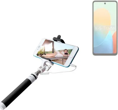 Produktbild von K-S-Trade Selfie Stick kompatibel mit Tecno Pop 8  Selfiestick kabelgebunden Monopod mit Kabel Stab Stange Selfportrait Handheldstick schwarz 1x