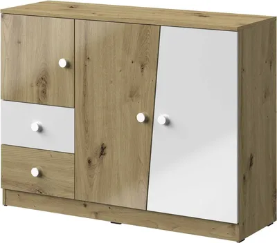 Zdjęcie produktu dla Minio, komoda, kredens, "Nantes 7", 120x90x40, 3 drzwi, 2 szuflady, 1 półka, kolor dąb Artisan/dąb Artisan połysk/biały połysk