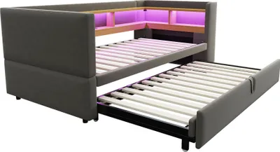 Zdjęcie produktu dla Fortuna Lai Łóżko tapicerowane Rozkładana sofa 90/180*190 cm, wyposażona w oświetlenie LED, gniazdka elektryczne i wiele schowków, łóżko tapicerowane, wielofunkcyjna sofa, łóżko pojedyncze, ciemnoszare.