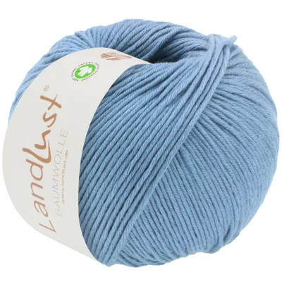 A ball of blue yarn with a label.