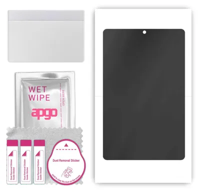 A flat lay of a screen protector kit for a tablet, including the screen protector, wet wipe, dust removal stickers, and a cleaning cloth.