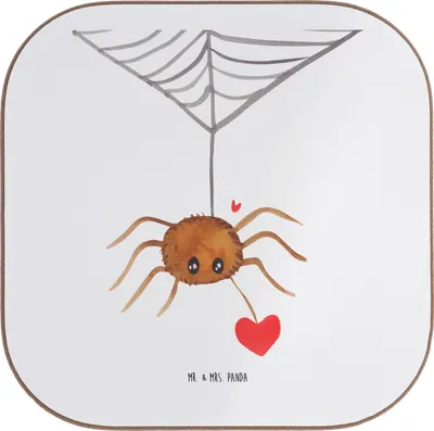 Produktbild von Mr. & Mrs. Panda Tischschoner Spinne Agathe Liebe - Weiß - Geschenk, Liebesgeschenk, Tassen Untersetzer, Tassenuntersetzer, für Gläser, Holzuntersetzer, Coaster, Verliebt