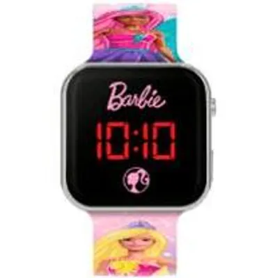 A Barbie-themed digital watch with a pink band and a black screen displaying the time.