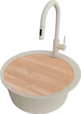 Produktbild von PRIMAGRAN Granitspüle Beige 53x53cm, Spülbecken Rund 1 Becken + Küchenarmatur 40x20cm + Ablauf-Set + Schneidebrett, Küchenspüle ab 50er Unterschrank - Pisa Max