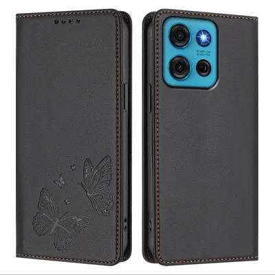 Obrázek produktu pro Kožené pouzdro pro Motorola Moto G75 5G, motýlí ražbou, peněženkové flip pouzdro se stojánkem Černá
