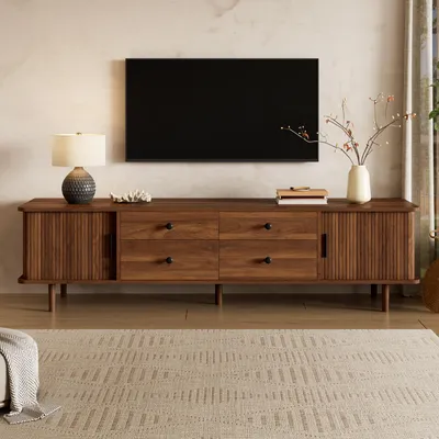 Produktbild von Merax TV-Lowboard mit 4 Schubladen und 2 Schiebetüren, TV-Schrank mit abgerundete Gestaltung, MDF Fernsehtisch mit großem Stauraum, Nussbaum