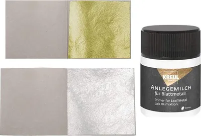 Produktbild von 10 Blatt Echtes Essbares Blattgold 23,75 Karat Echt Gold 3,8 cm x 3,8 cm Essbar Torten Deko Goldpapier + 10 Blatt Blattsilber 5 cm x 5 cm Echt Silber 925 Silberblatt + 1 x Kreul Anlegemilch Kleber 50ml