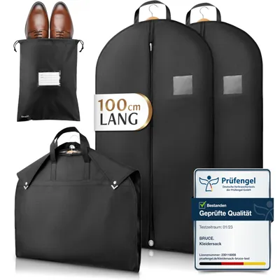 Produktbild von Bruce.® 2x Premium Kleidersack Kurz 100 x 60 cm inkl. 1x Schuhbeutel, Optimierte Materialstärke von 120 GSM, Hochwertige Kleiderhülle für Anzug