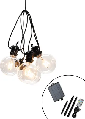 A string of solar-powered LED lights with a solar panel and remote control.