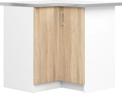 A corner kitchen base cabinet with a white exterior and a wood-grain door.