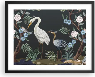 Produktbild von Gerahmtes Poster - Schwarzer Rahmen - Asiatisch Reiher Blumen - 50x40 cm - Wand Bild - Wanddeko - Wandbilder - Kunstposter - Wandposter - Bilderrahmen - Bilder - Kunstdruck - P2BAA50x40-4699